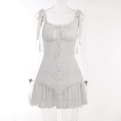 Self tie ruched lace hem zip-up cami mini dress