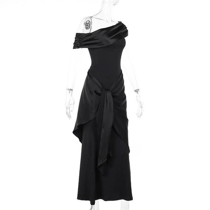 One shoulder ruched irregular satin maxi dress