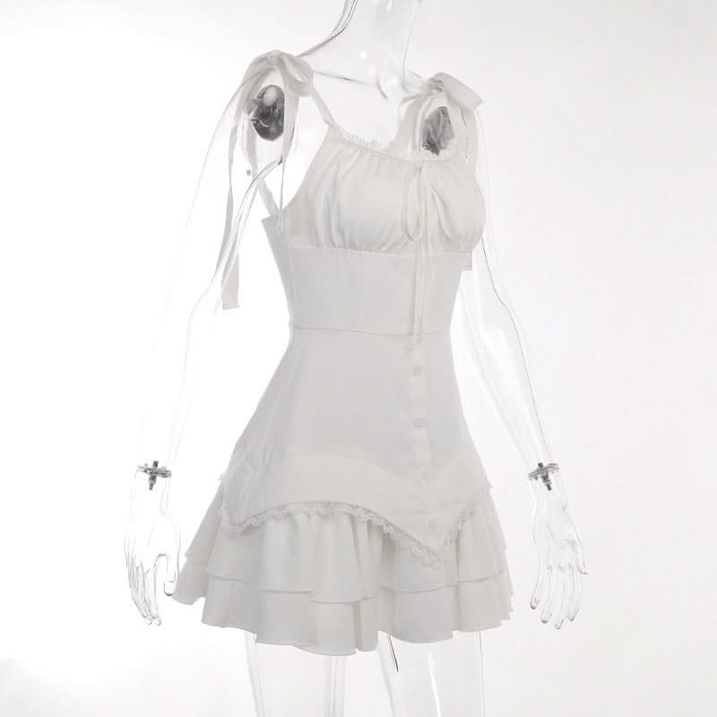 Self tie ruched lace hem zip-up cami mini dress