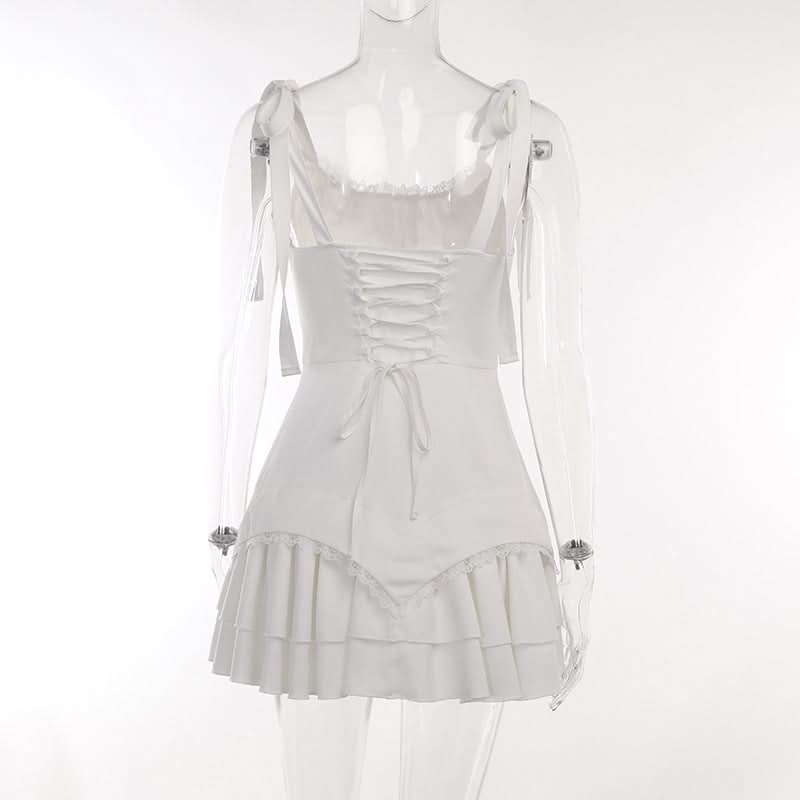 Self tie ruched lace hem zip-up cami mini dress