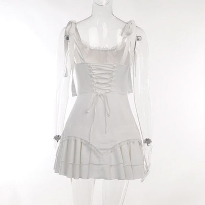 Self tie ruched lace hem zip-up cami mini dress