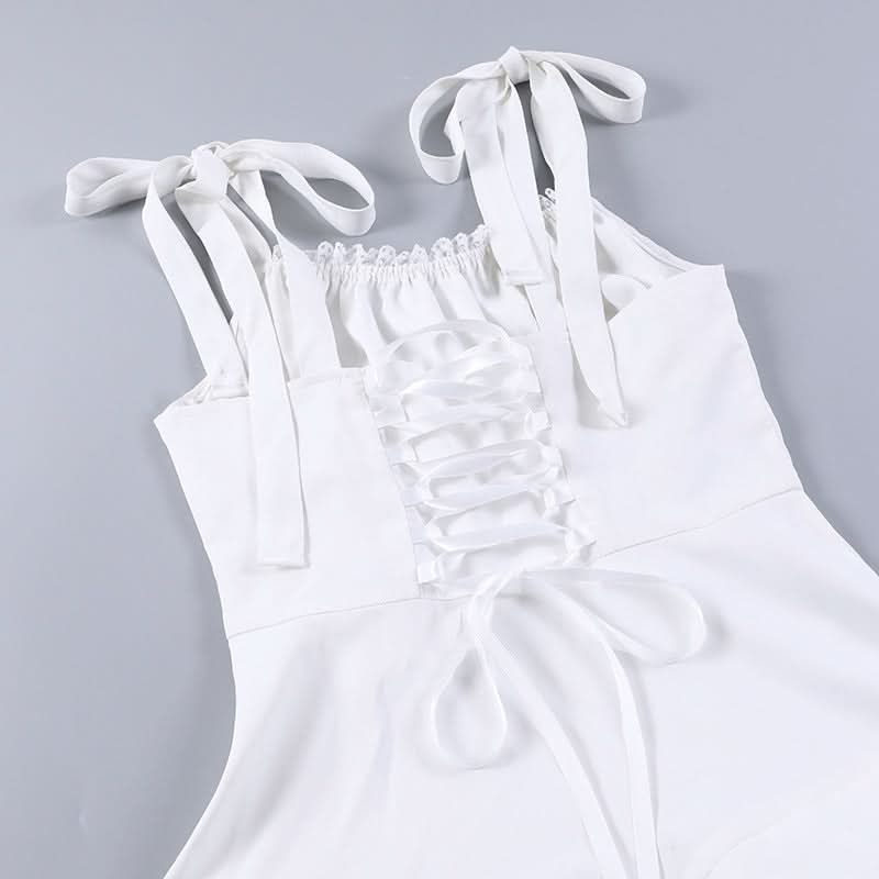 Self tie ruched lace hem zip-up cami mini dress