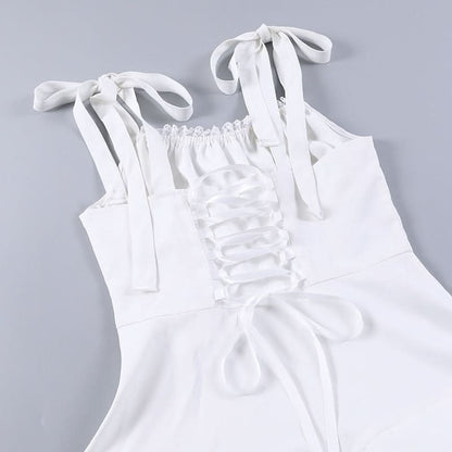 Self tie ruched lace hem zip-up cami mini dress