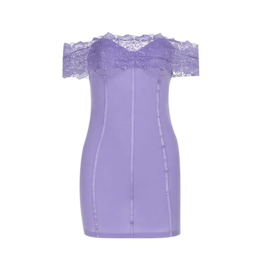 Purple off shoulder lace backless mini dress