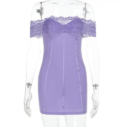 Purple off shoulder lace backless mini dress