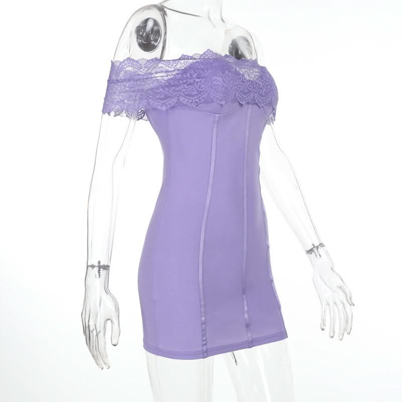 Purple off shoulder lace backless mini dress