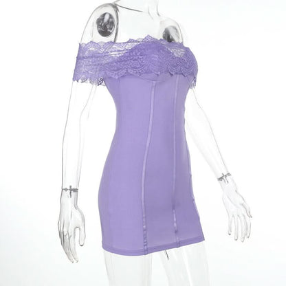 Purple off shoulder lace backless mini dress