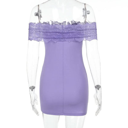 Purple off shoulder lace backless mini dress