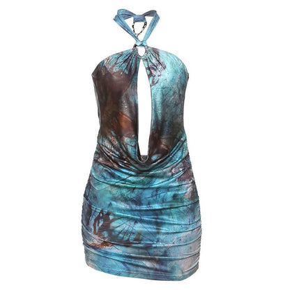 Ruched hollow out print metal chain mini dress