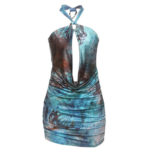 Ruched hollow out print metal chain mini dress