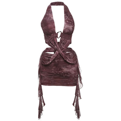 Halter hollow out self tie print o ring mini dress