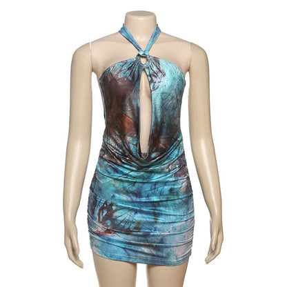Ruched hollow out print metal chain mini dress