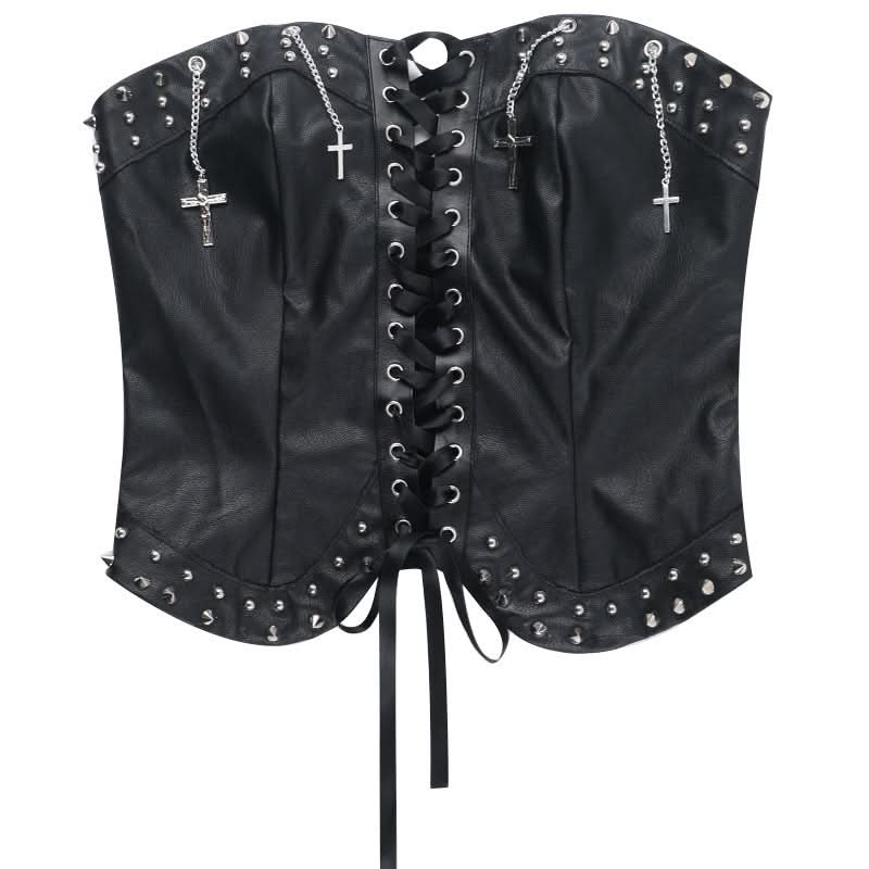 Lace up PU leather metal chain tube top