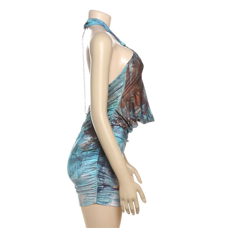 Ruched hollow out print metal chain mini dress