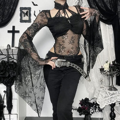 Long flared sleeve ruched lace button bodysuit