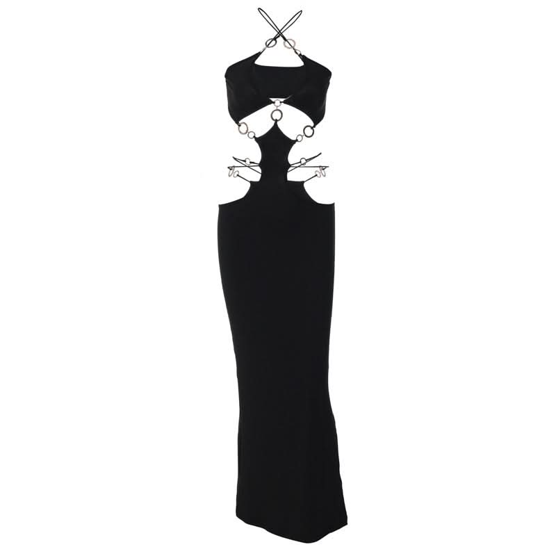 Hollow out o ring cross front slit maxi dress