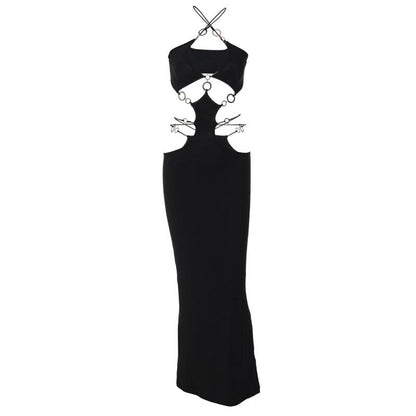 Hollow out o ring cross front slit maxi dress