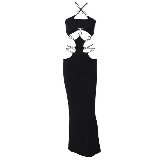 Hollow out o ring cross front slit maxi dress