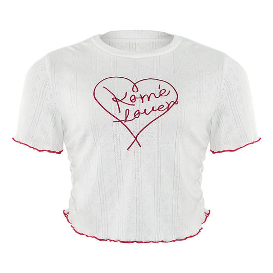 Crewneck short sleeve ruffle letter embroidery top