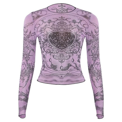Crewneck long sleeve sheer mesh print top