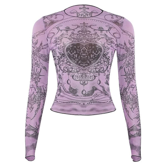 Crewneck long sleeve sheer mesh print top