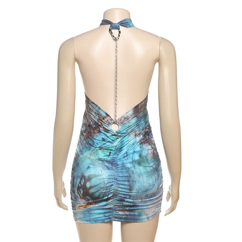Ruched hollow out print metal chain mini dress