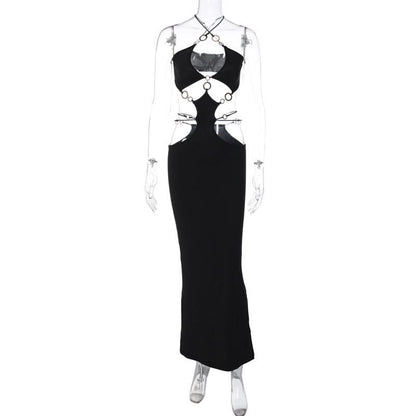 Hollow out o ring cross front slit maxi dress