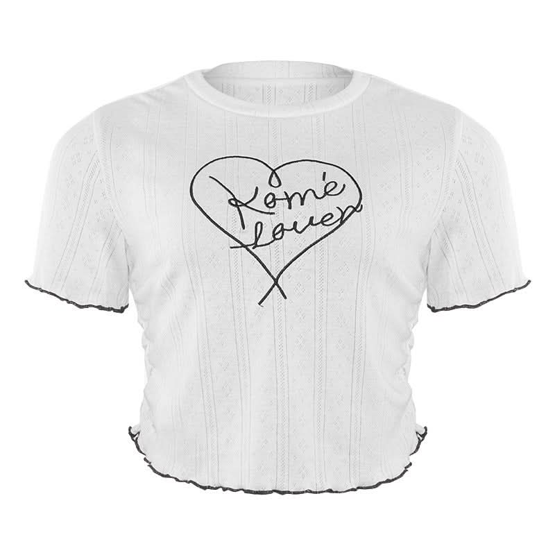 Crewneck short sleeve ruffle letter embroidery top