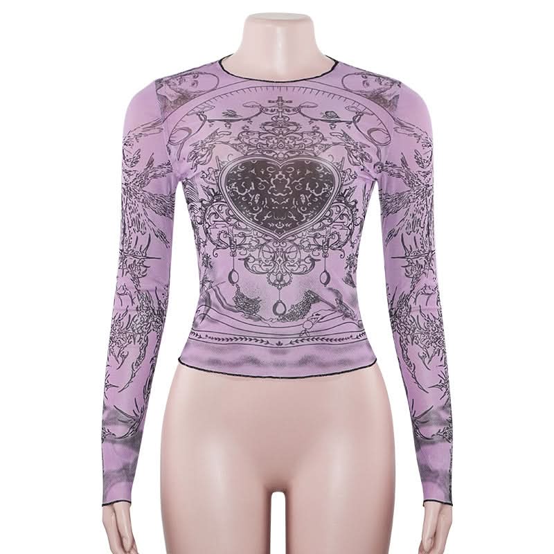 Crewneck long sleeve sheer mesh print top
