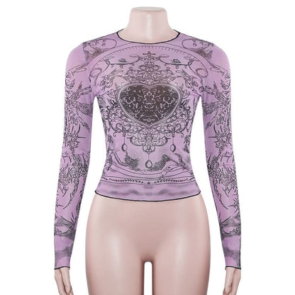 Crewneck long sleeve sheer mesh print top