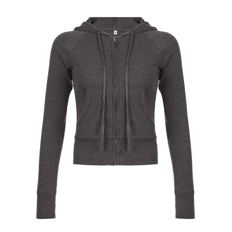 Zip-up long sleeve hoodie ribbed pocket top