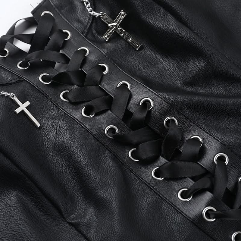 Lace up PU leather metal chain tube top