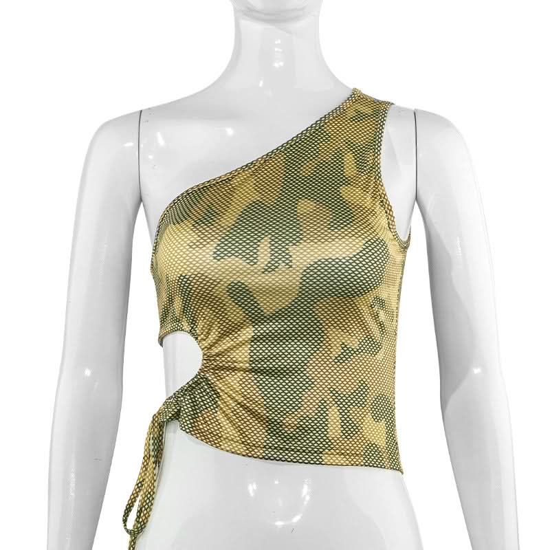 One shoulder hollow out camouflage self tie top