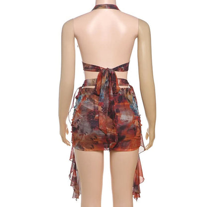 Halter hollow out self tie print o ring mini dress