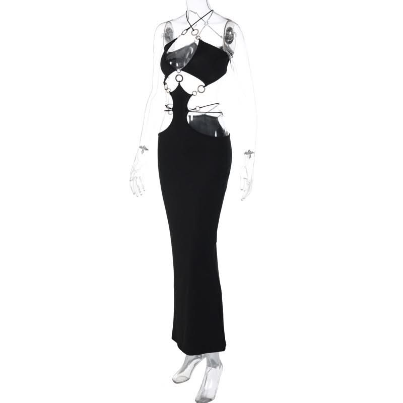 Hollow out o ring cross front slit maxi dress