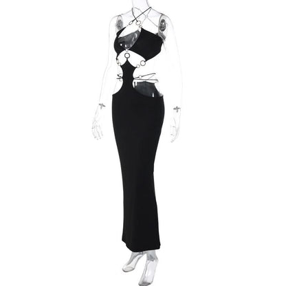 Hollow out o ring cross front slit maxi dress