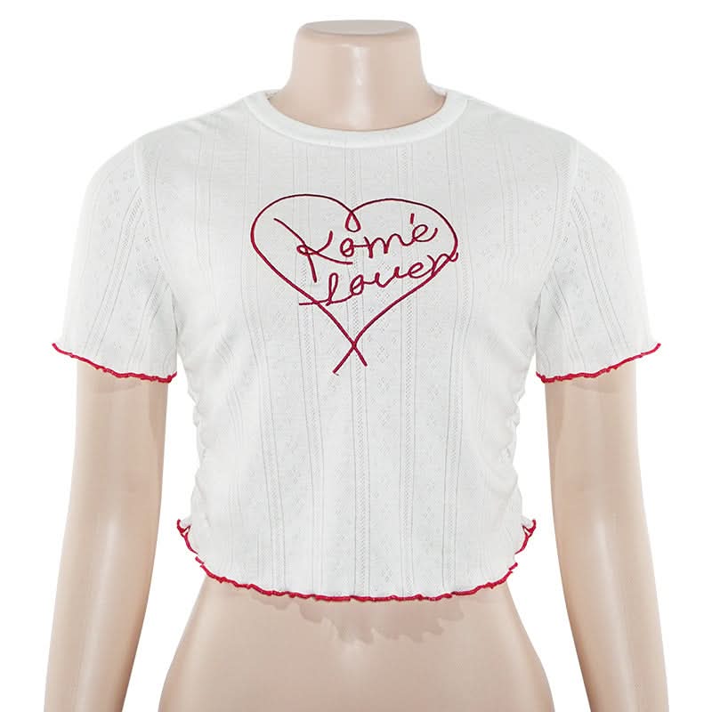 Crewneck short sleeve ruffle letter embroidery top