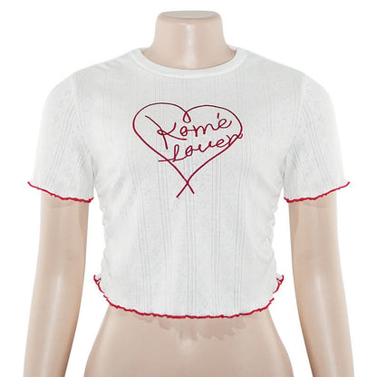 Crewneck short sleeve ruffle letter embroidery top