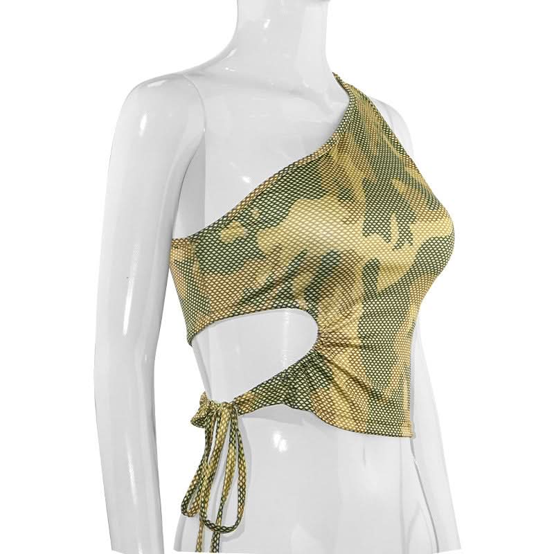 One shoulder hollow out camouflage self tie top