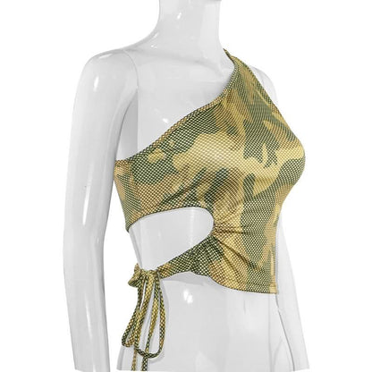 One shoulder hollow out camouflage self tie top
