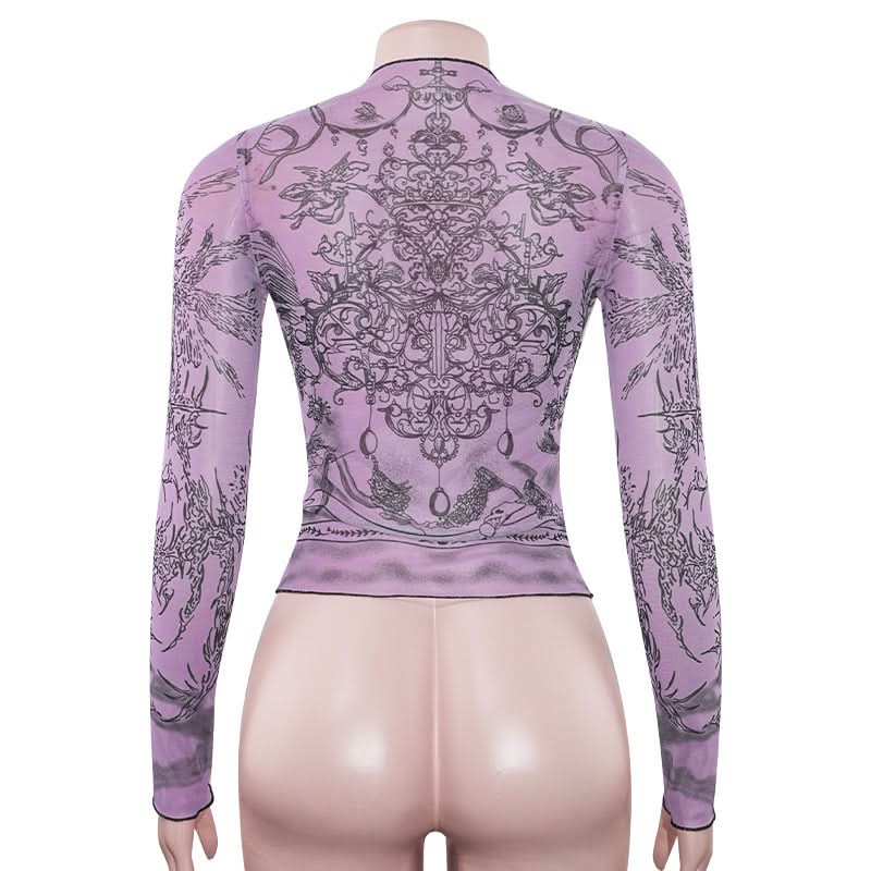 Crewneck long sleeve sheer mesh print top