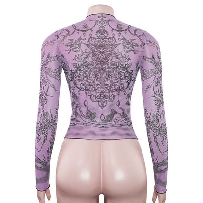 Crewneck long sleeve sheer mesh print top