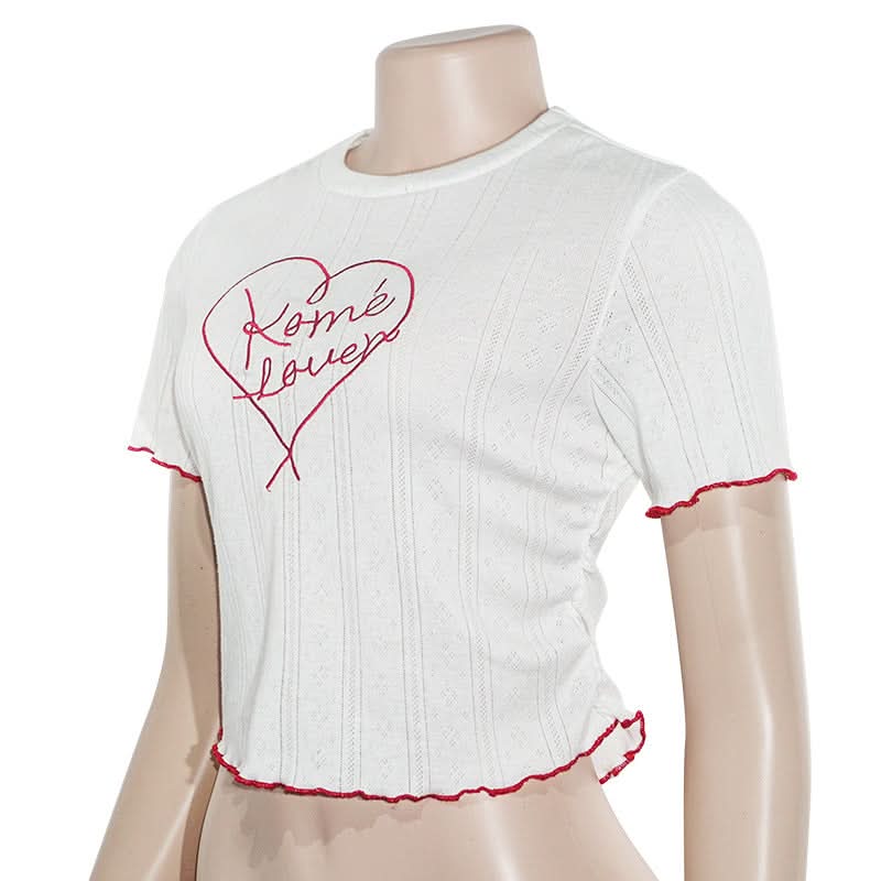 Crewneck short sleeve ruffle letter embroidery top
