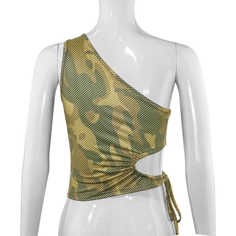 One shoulder hollow out camouflage self tie top