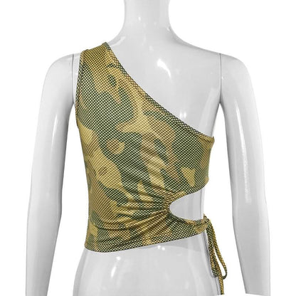 One shoulder hollow out camouflage self tie top