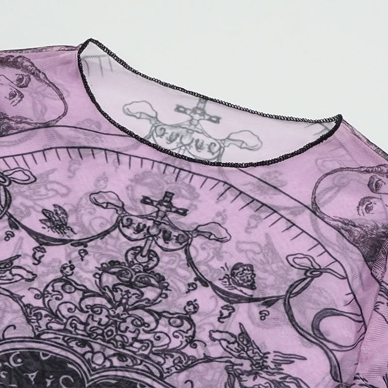 Crewneck long sleeve sheer mesh print top
