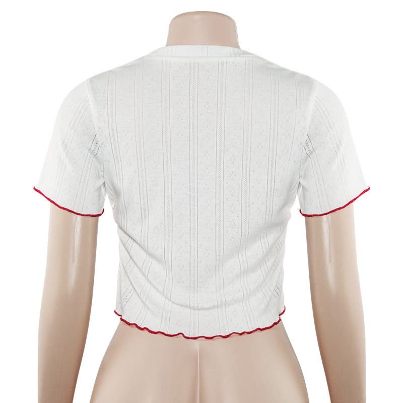 Crewneck short sleeve ruffle letter embroidery top