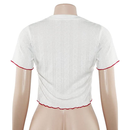Crewneck short sleeve ruffle letter embroidery top