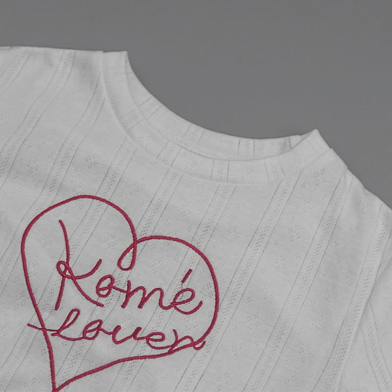 Crewneck short sleeve ruffle letter embroidery top