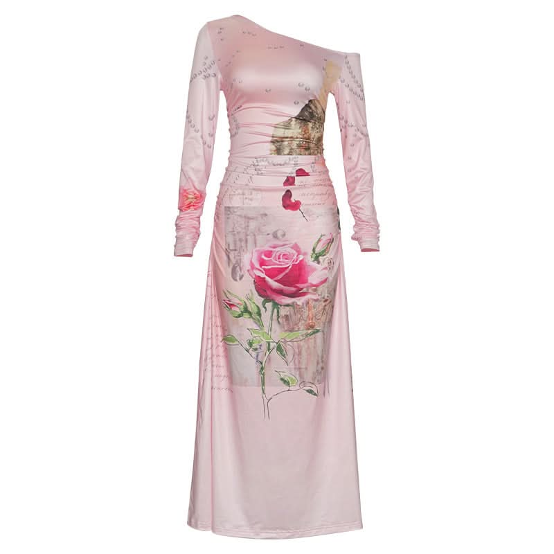 Long sleeve irregular flower print ruched maxi dress